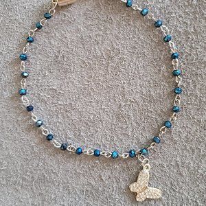 Anklet or Bracelet Silver Tone Blue Beads Butterfly Charm Fashion Jewelry